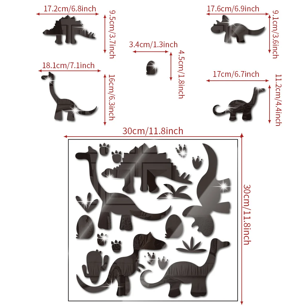 Five Dinosaurs 1mm Thickness Mirror Acrylic Wall Stickers Cute Dinosaur Children's Room Decorative Stickers