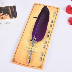 Elegant English Calligraphy Feather Dip Pen Stationery Gift Set with Quill and Fountain Pen (E)