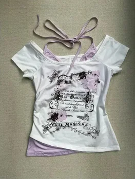 2025 الصيف خمر وهمية قطعتين الرسن الدانتيل يصل تي شيرت Y2k سليم صالح طباعة بلايز بلوزات غير مغطية للكتف قصيرة الأكمام تي شيرت 2