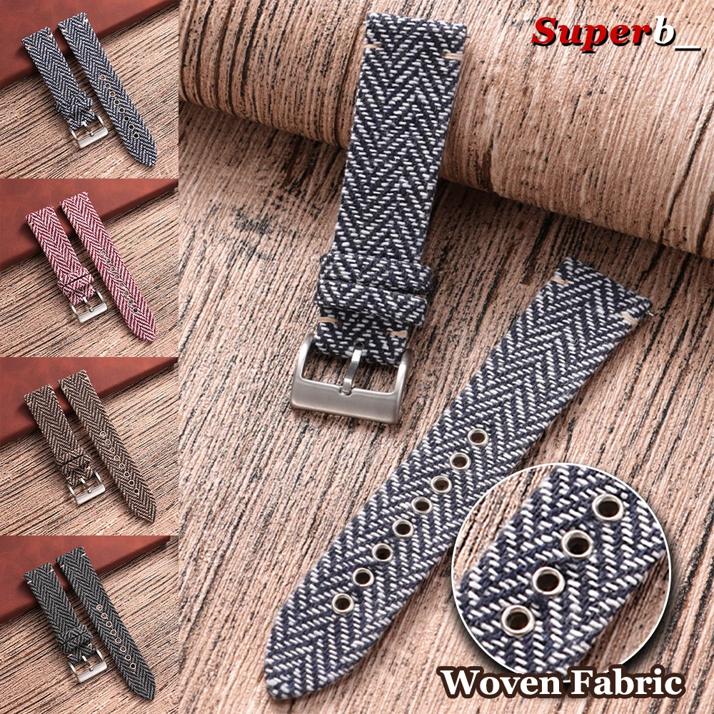 Vintage-Style Woven Fabric & Genuine Cowhide Nylon Watch Band with Quick Release