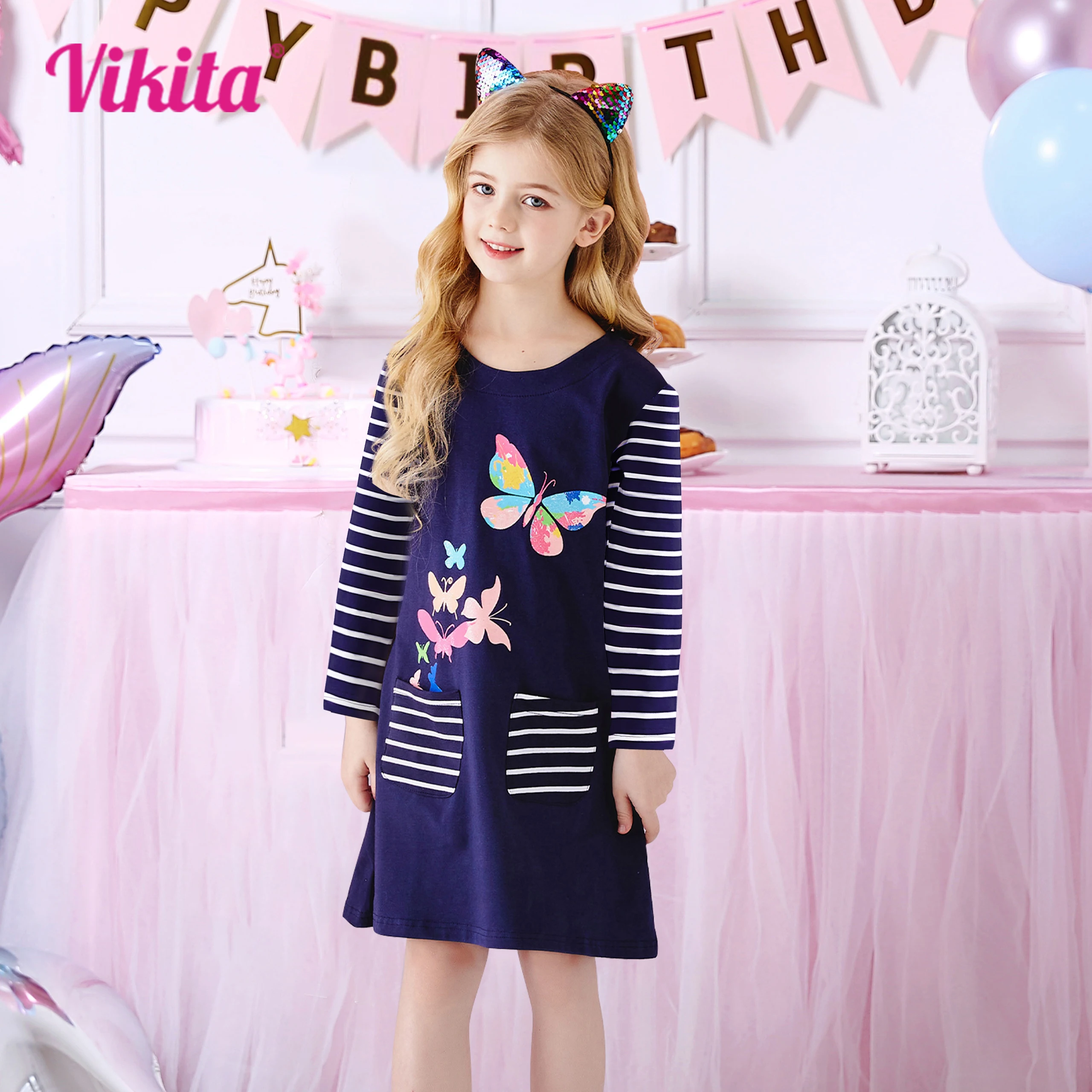 Vikita Girls Dress Autumn Spring Baby Girl Striped Cartoon Print Clothes Kids Dresses For Girls