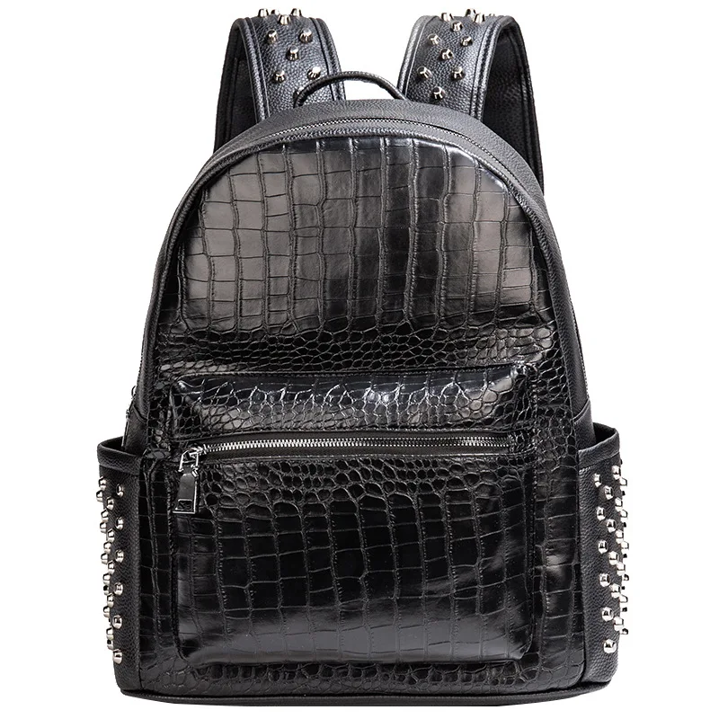 

2023 New Brand Fashion Rivet Men Backpack Alligator Pattern Leather Waterproof Travel Bag Casual Book Male Laptop Bag Backpacks