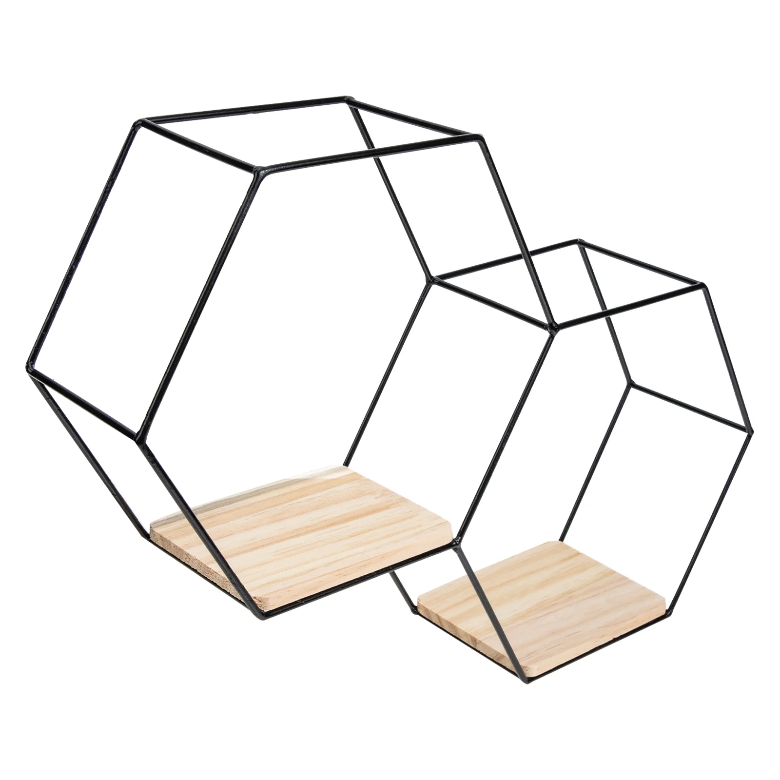 Soporte para decoración de pared, estantería flotante hexagonal de Metal y madera, Base de madera moderna, estantes de almacenamiento pequeños, color negro