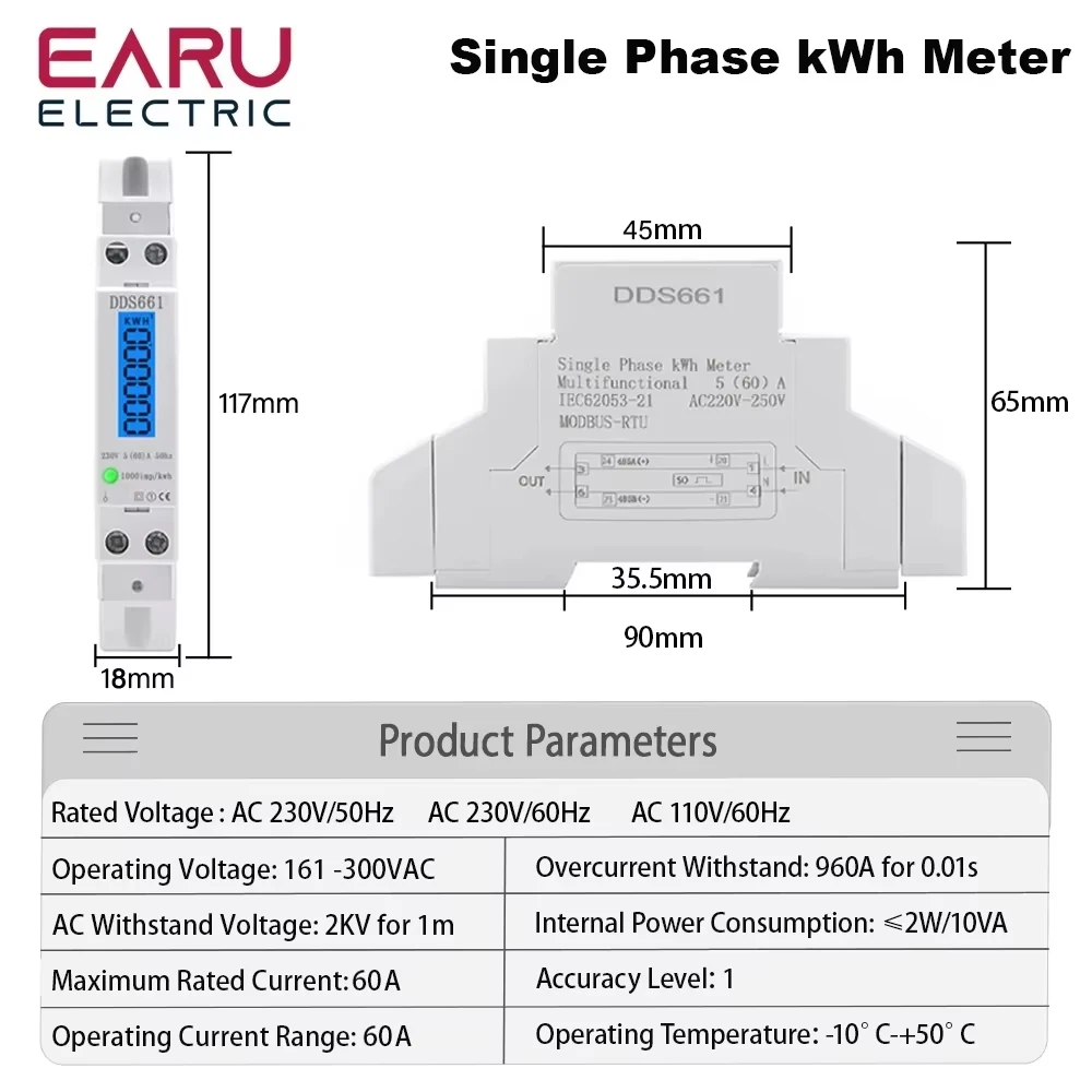 Single Phase LCD Digital Wattmeter Power Consumption KWh Meter 60A 110V 230VAC 50Hz Din Rail Energy Meter