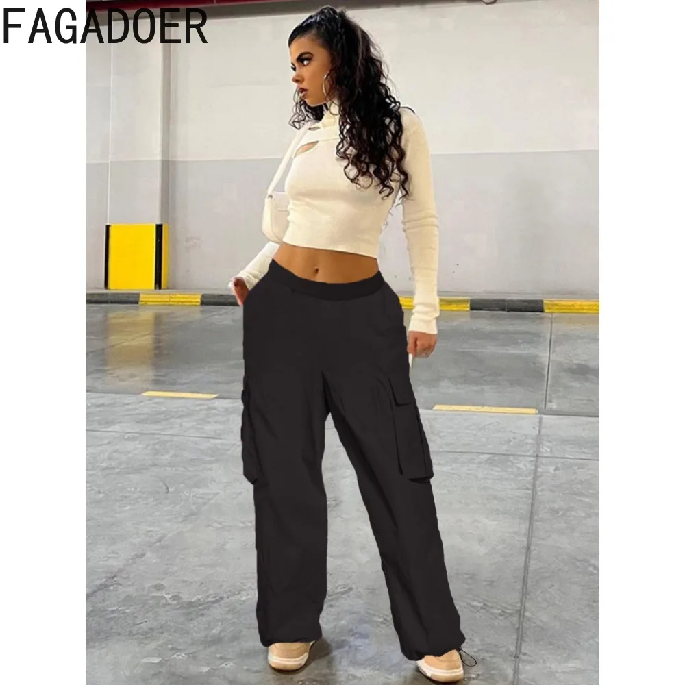 FAGADOER Autumn Casual Solid Color Sporty Jogger Pants Women Elastic High Waisted Pocket Straight Trousers Female Loose Bottoms