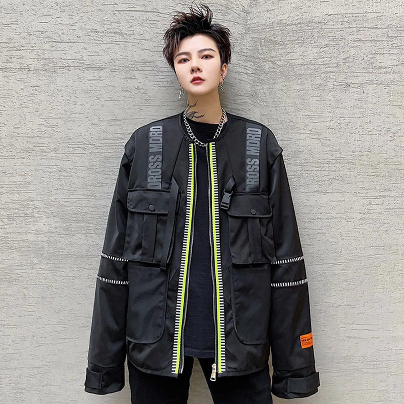 

Hop Hip Streetwear Jacket Patchwork Ribbon Zipper Jacket Coats Men Autumn Harajuku Fashion Oversize Loose Outwear