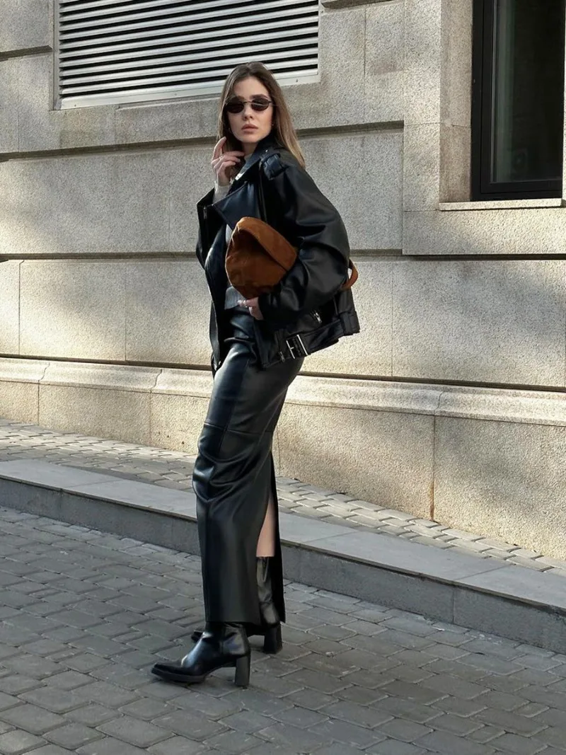 Slit PU Skirts For Women 2025 Spring New Slim Y2K Sheath Skirt Femme Street Solid Casual Fashion Elegant Skirts Womens
