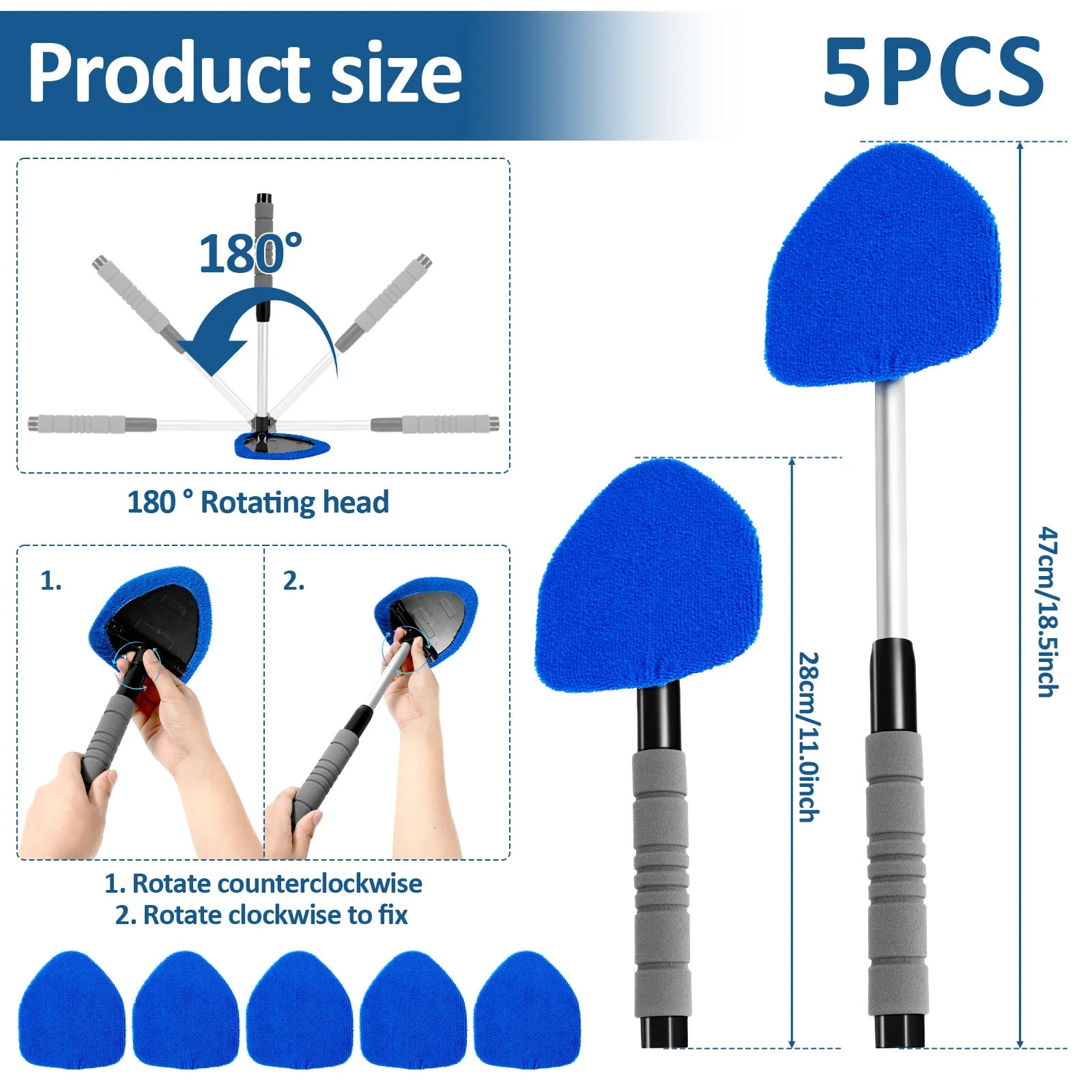 18.5 Inch Car Window Cleaner with Rotating Head AdjustableHandle Strong Water Absorptionfor Windshield & Mirror Cleaning at Home