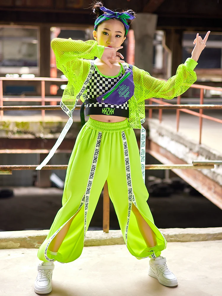Fluorescent Green Hip Hop Clothing For Girls Net Tops Slit Pants