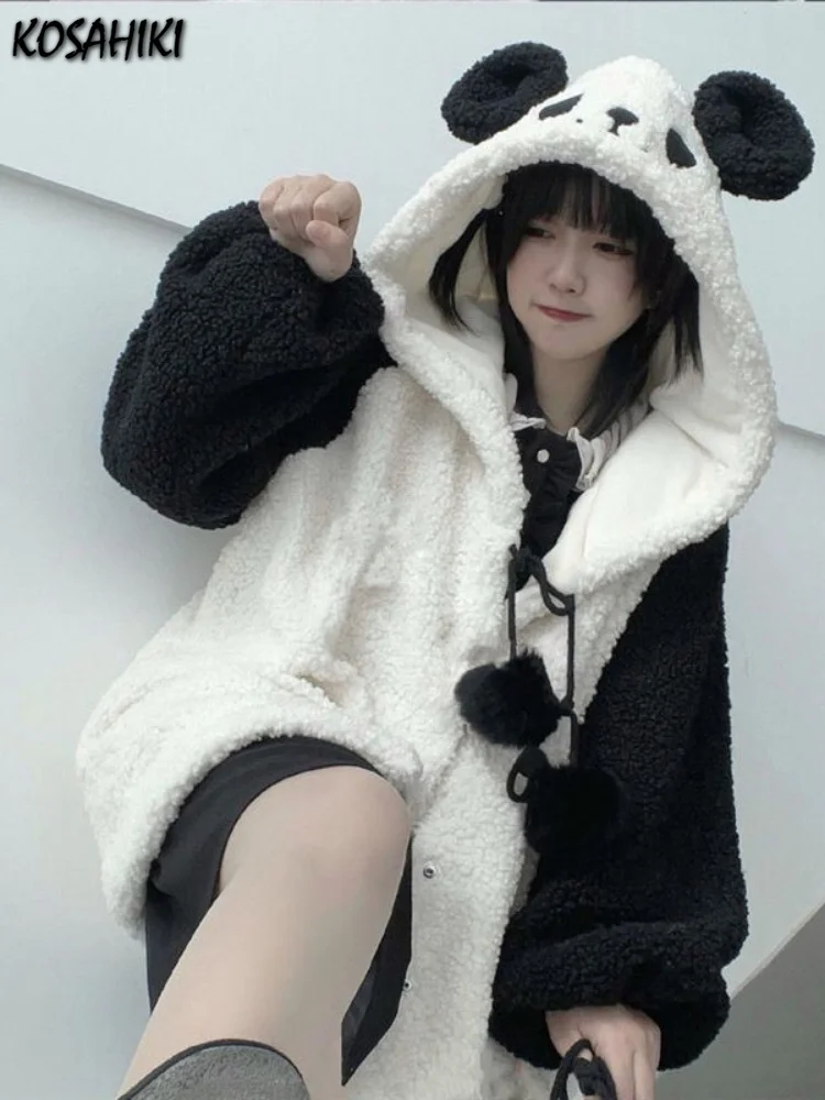 

Японская женская верхняя одежда в стиле "Лолита", куртки с капюшоном, пальто из овечьей шерсти с ушками панды на молнии, милая куртка в стиле Харадзюку