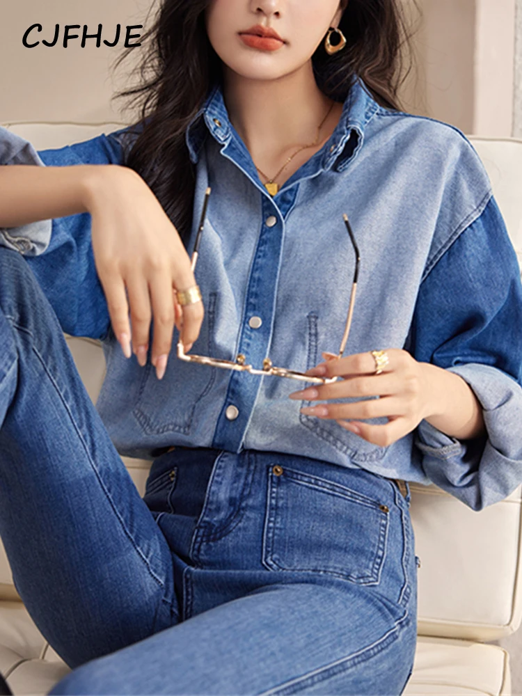 

CJFHJE Women's Cowboy Blouse Summer Spring Korean Fashion Casual Vintage Long Sleeve Denim Oversize Basic Loose Female Blouses