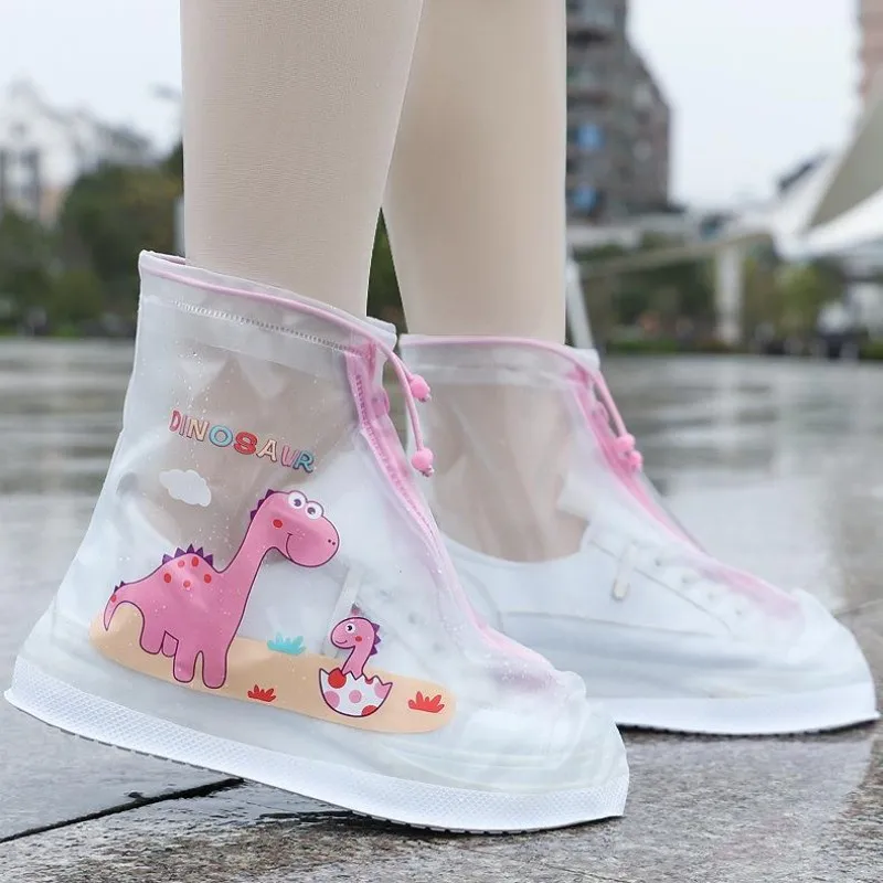 Kids Cartoon Dinosaur Waterproof Shoes Cover Middle Tube Overshoes Children Zipper Non-slip Elastic Rain Shoes Cover Rain Boot