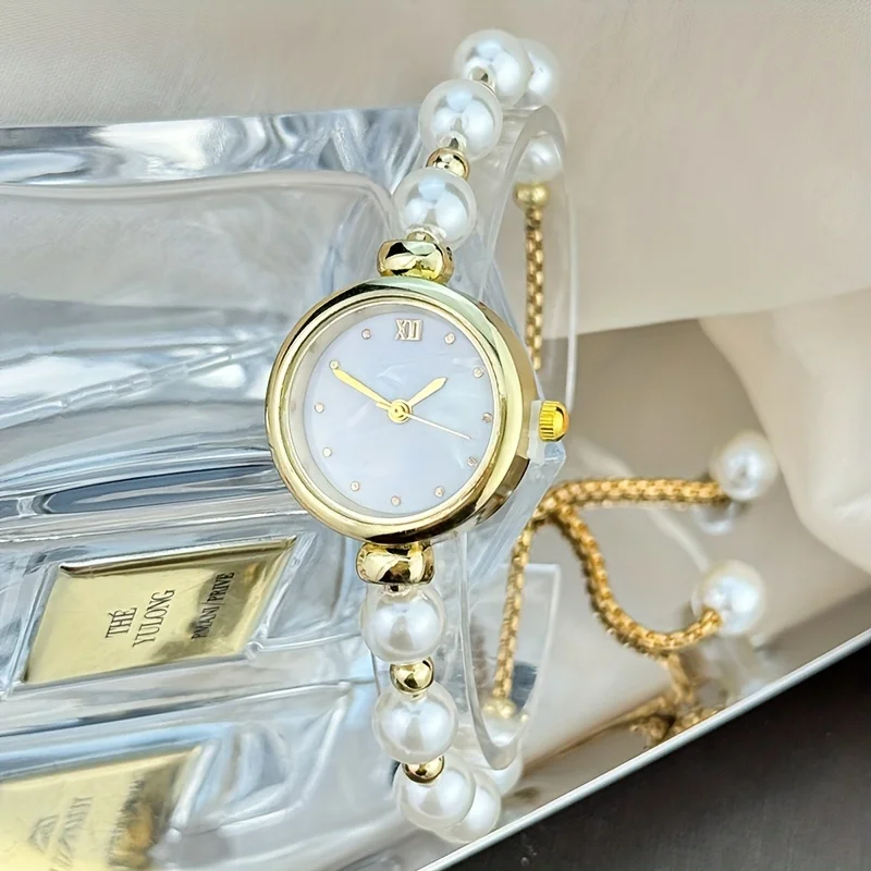 1pc Elegant Adjustable Pull-Out Alloy Strap with Imitation Pearl ,Comfortable Round Alloy Case Quartz Wrist Watch for Women 4