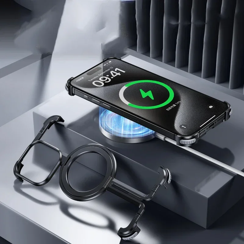 For iPhone 15 14 13 Pro Max Case Metal Aluminum Alloy Frameless Magnetic Magsafe Car Phone Holder rotate Airbag protective cover