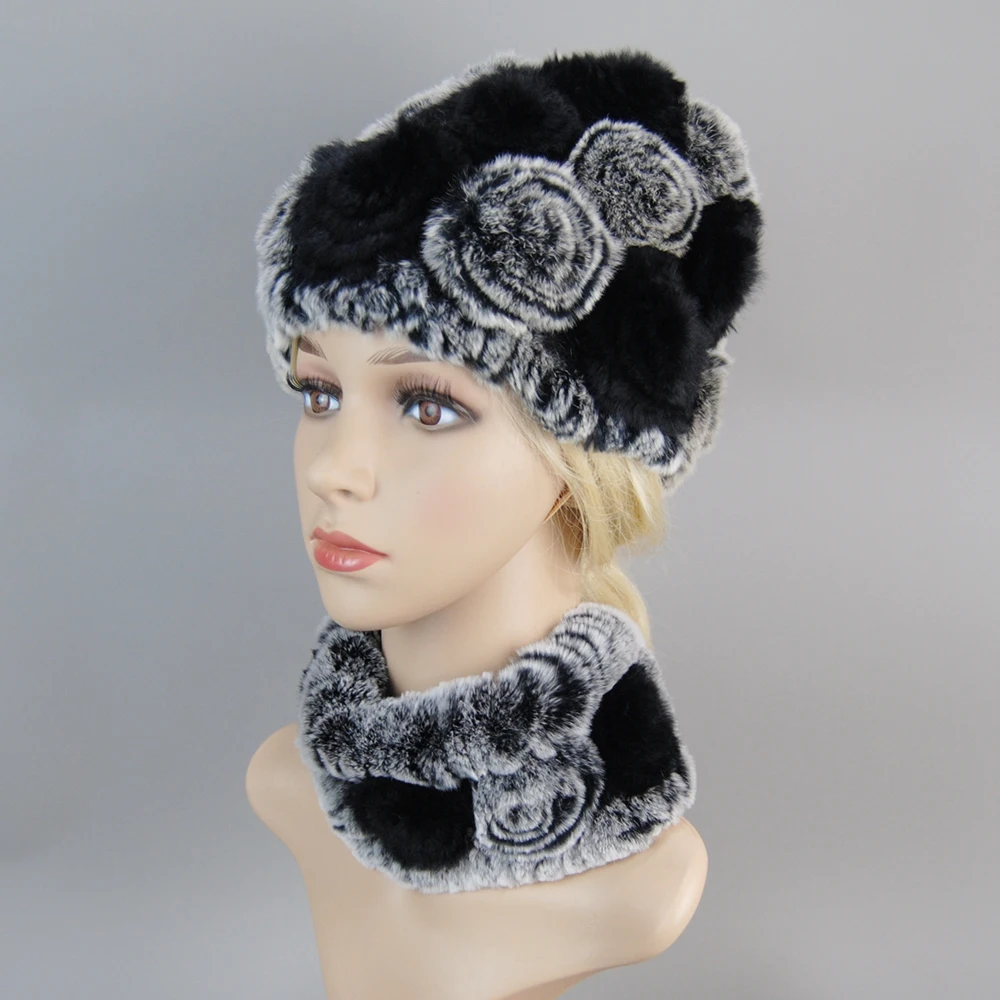 Fashion Girl Fur Cap Lady Winter Natural Real Rex Rabbit Fur Hat Scarf Suit High Quality Women 100% Genuine Hat