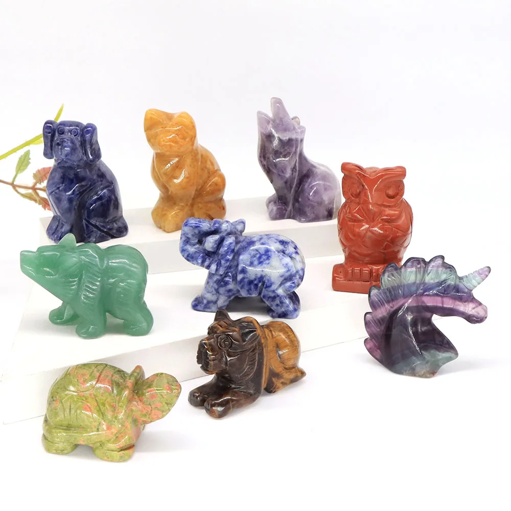 

2" Natural Stone Elephant Cat Dog Turtle Owl Wolf Unicorn Bear Tiger Statue Animal Figurine Healing Crystal Decor Crafts 10 Pcs