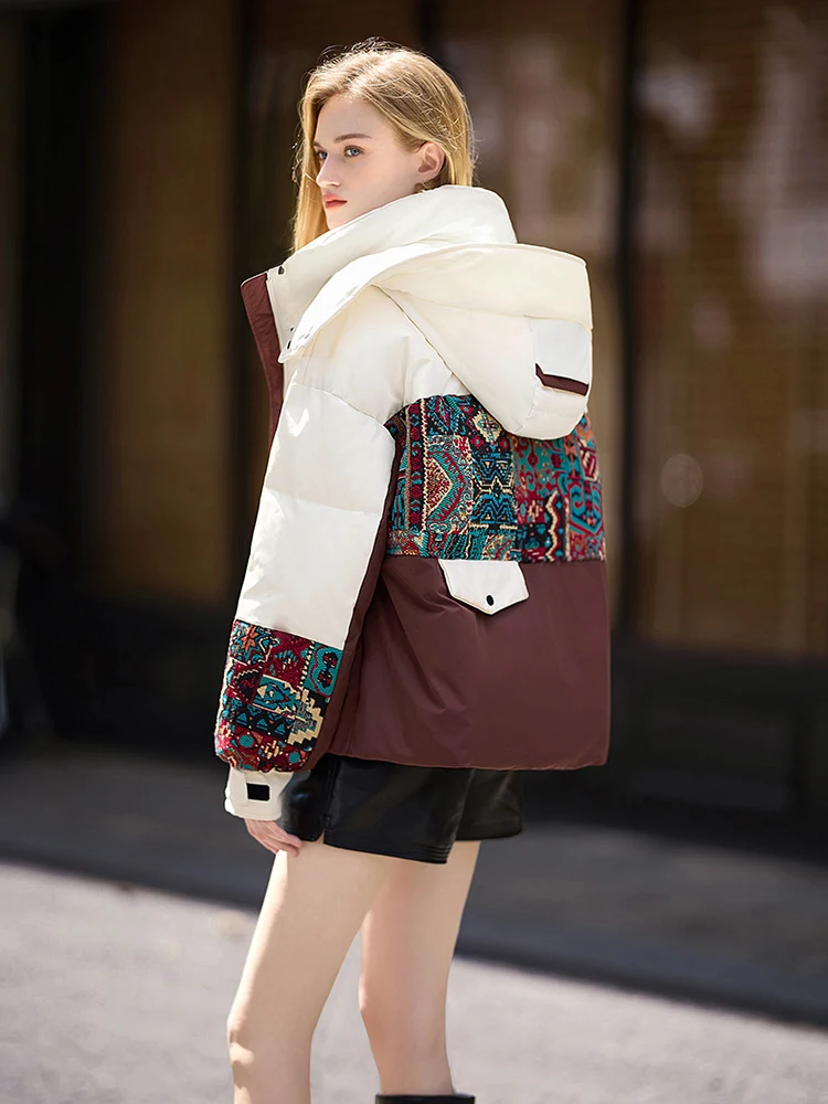Winter Embroidery Hooded Patchwork Down Jacket Women White Duck Down Warm Jackets Female Thick Quilted Short Parka Outwears Coat