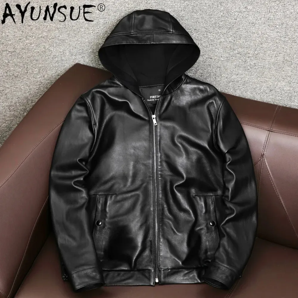 

Men's AYUNSUE Genuine Leather Jacket Men Hooded Korean Natural Sheepskin Coat Plus Size Lether Jackets Man Hommes Veste KJ6769