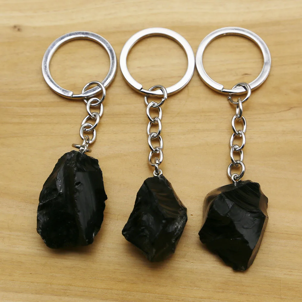 Natural Raw Ore Irregular Obsidian Keychain Exquisite Stainless Steel Chain Keyring Pendant For Men And Women Fashion Jewelry 5P