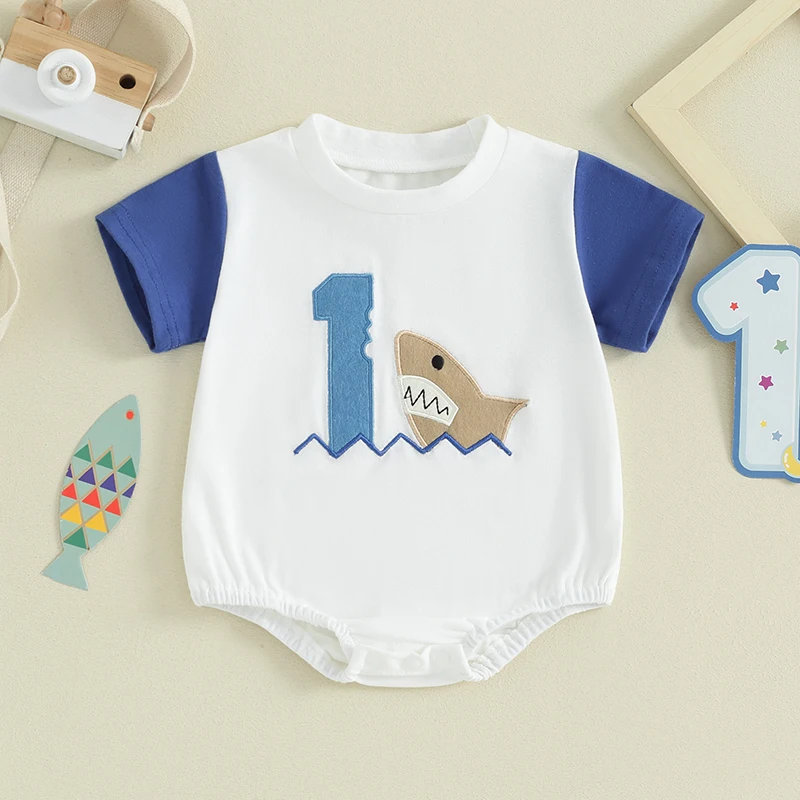 

2024-01-26 Lioraitiin Girl Boy 1st First Birthday Outfit Short Sleeve Shark One 1 Letter Print Bubble Romper Cute Birthday Gift