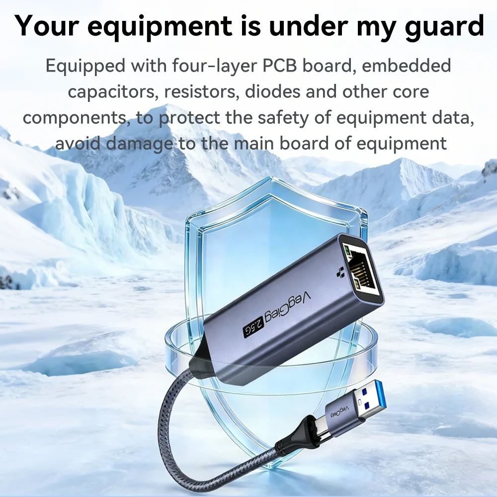 VegGieg 2.5G 이더넷 어댑터 USB-C/USB 3.0 - RJ45 LAN 네트워크 카드 노트북 PC용 2500Mbps 속도