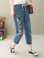 AmaxluluE 2025 Summer Women Vintage Floral Loose Denim Pants Chinese Style Casual Ripped Blue Jeans Holes Elastic Harem Trousers - Image 4