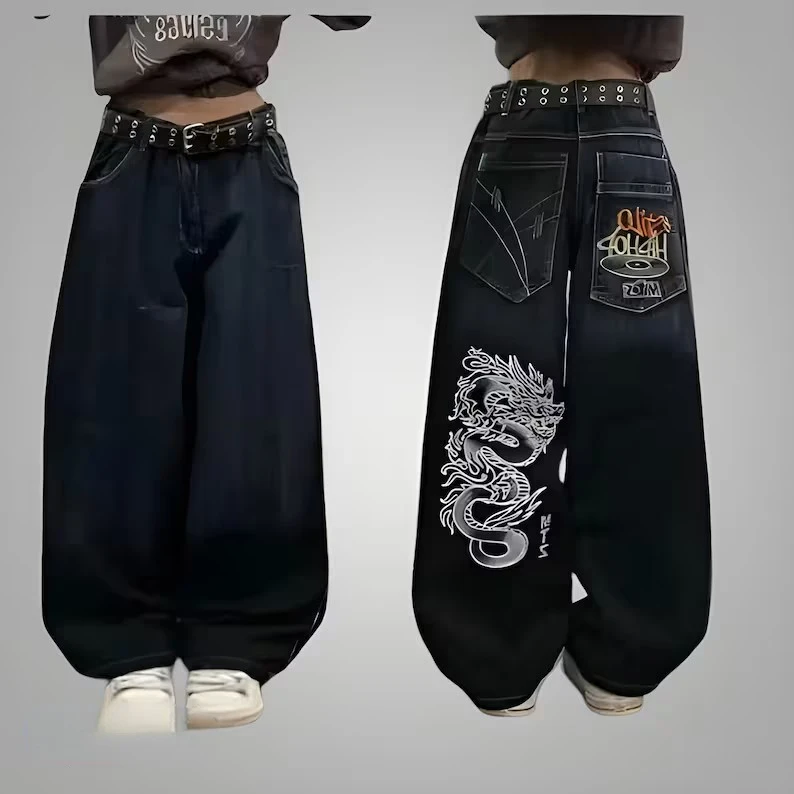 JNCO Y2K 남성용 헐렁한 청바지, 빈티지 자수 하이 퀄리티 청바지, 힙합 고스 스트리트웨어, 하라주쿠 남성 여성 캐주얼 와이드 레그 청바지