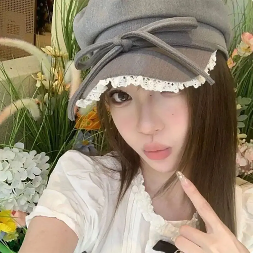 Bow Lace Edge Beret Show Small Facial Features Sun Protection Octagonal Hat High-quality Korean Style Newsboy Hat Versatile cotton newsboy cap berets hat
