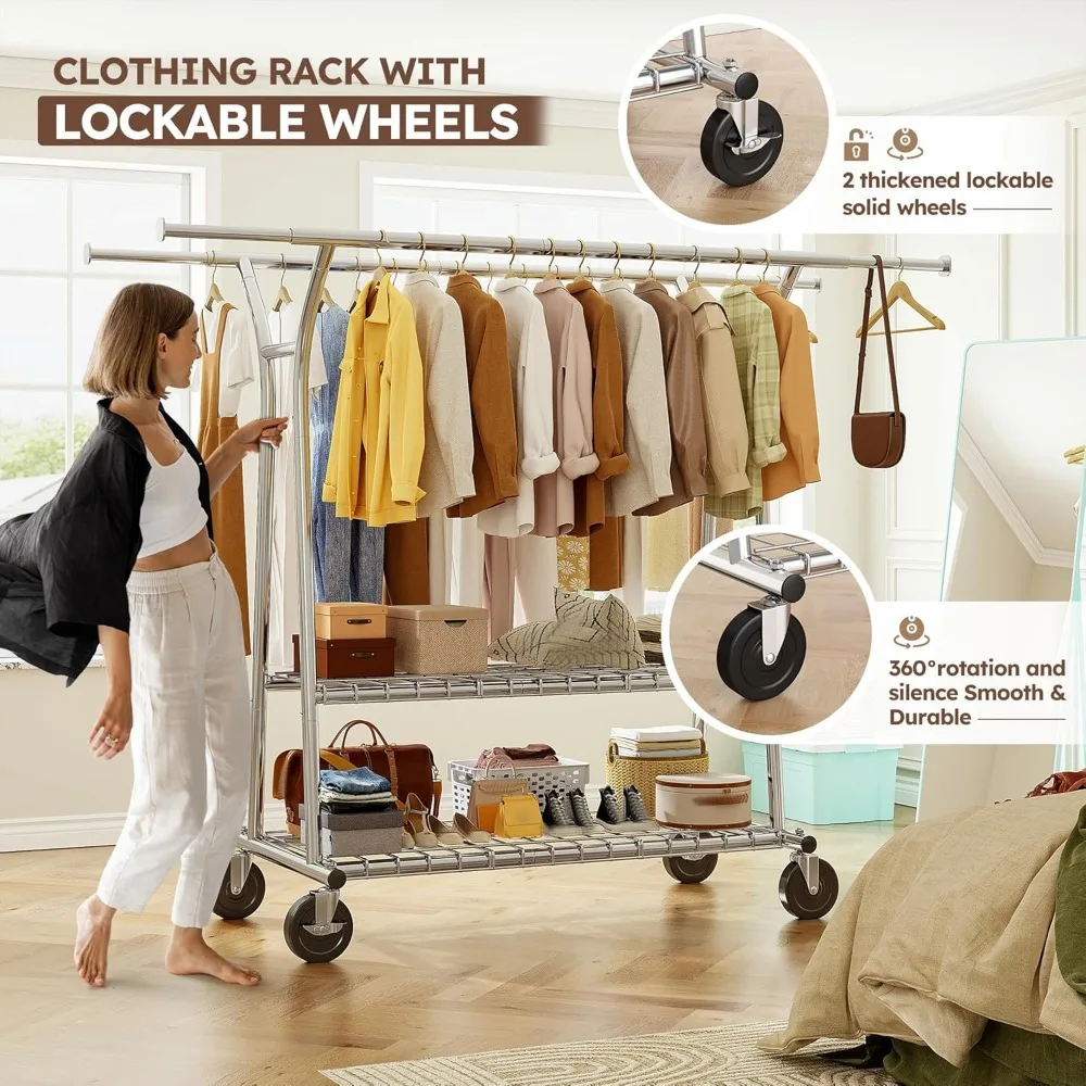 Clothes Rack Heavy Duty Loads 650LBS, Clothing Racks for Hanging Clothes, Rolling Clothing Rack With Shelves 4