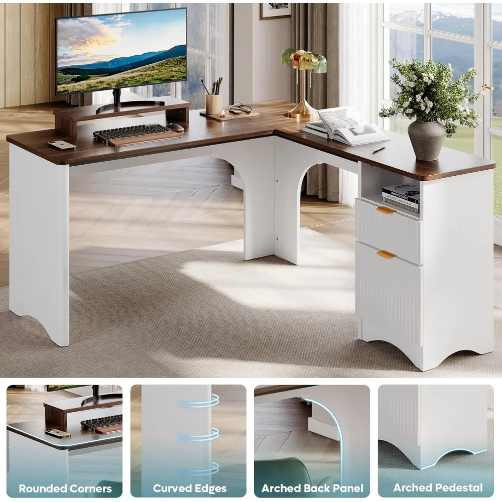 L Shaped Desk with File Drawer, 55.7" x 55" Office Computer Desk with Round Corners, Modern Desk with Monitor Stand &Fluted 3