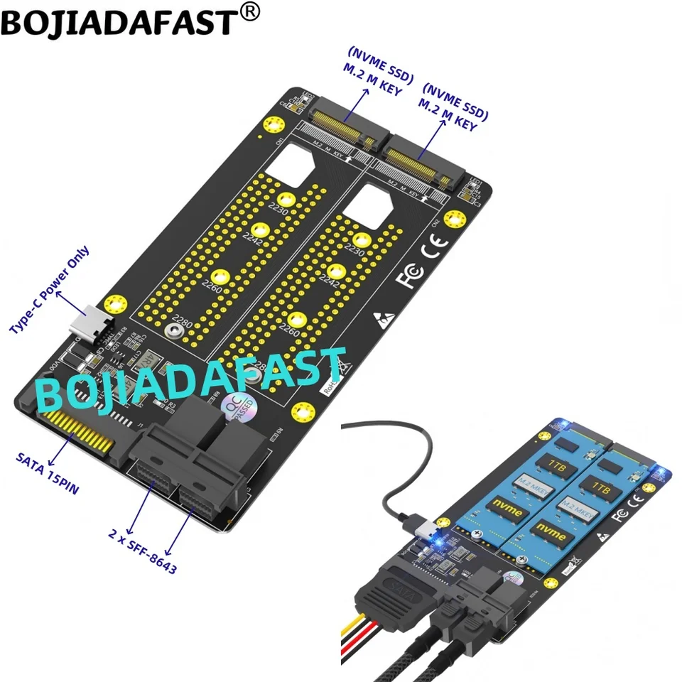 Dual Ports Mini SAS SFF-8643 Connector to 2 * M.2 NGFF Key-M 2230