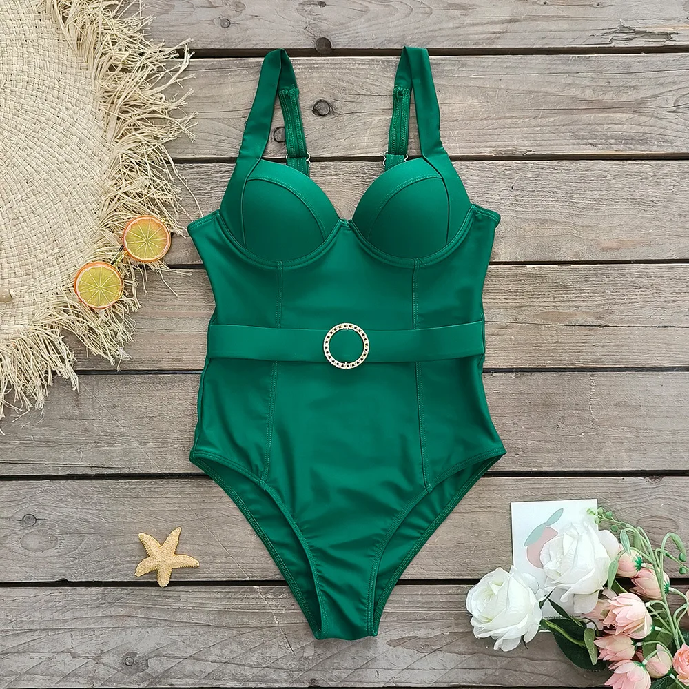 

One-piece Swimsuit 2024 Women Swimwear Stylish Retro Emerald Belt Shoulder Strap Backless Push Up Resort Tight Height Waist