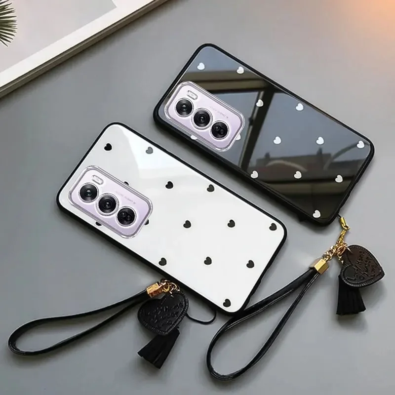 Small Love Heart Shockproof Tassel Wrist Phone Case with Hard Glass Cover