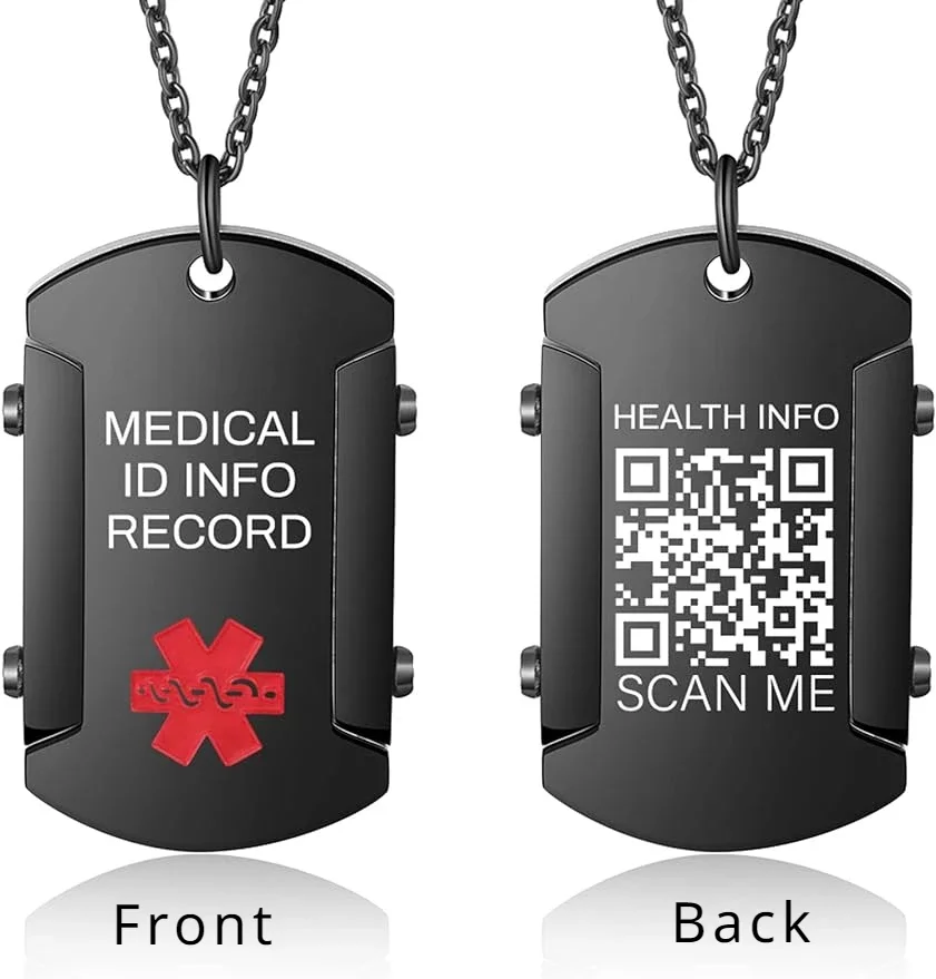 Vivaday Collana identificativa medica Ciondolo con allerta allergie e contatto di emergenza, con informazioni mediche personalizzate | Comoda e antiallergica, da indossare tutto il giorno YA5239
