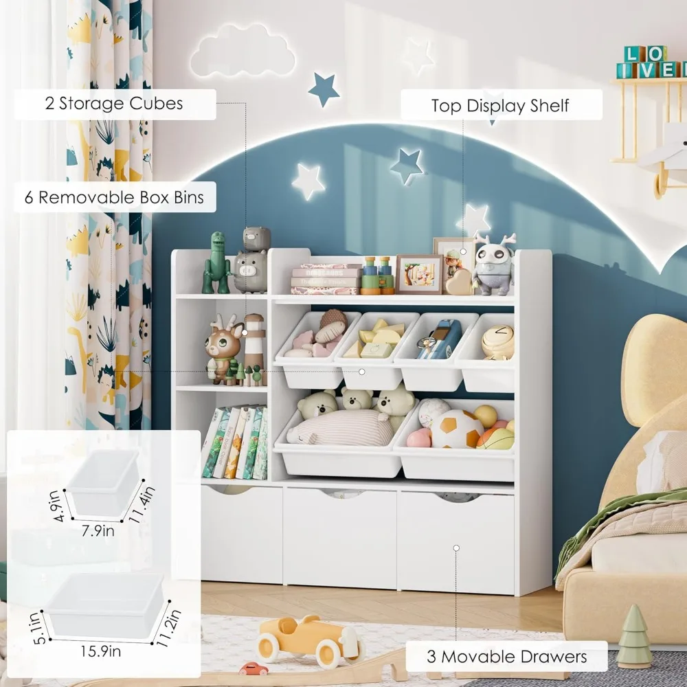 Toy Storage Organizer with Movable Drawers,Bookshelf and Bookcase with 6 Plastic Bins&Storage Cubbies,Toy Chest with Wheels 5