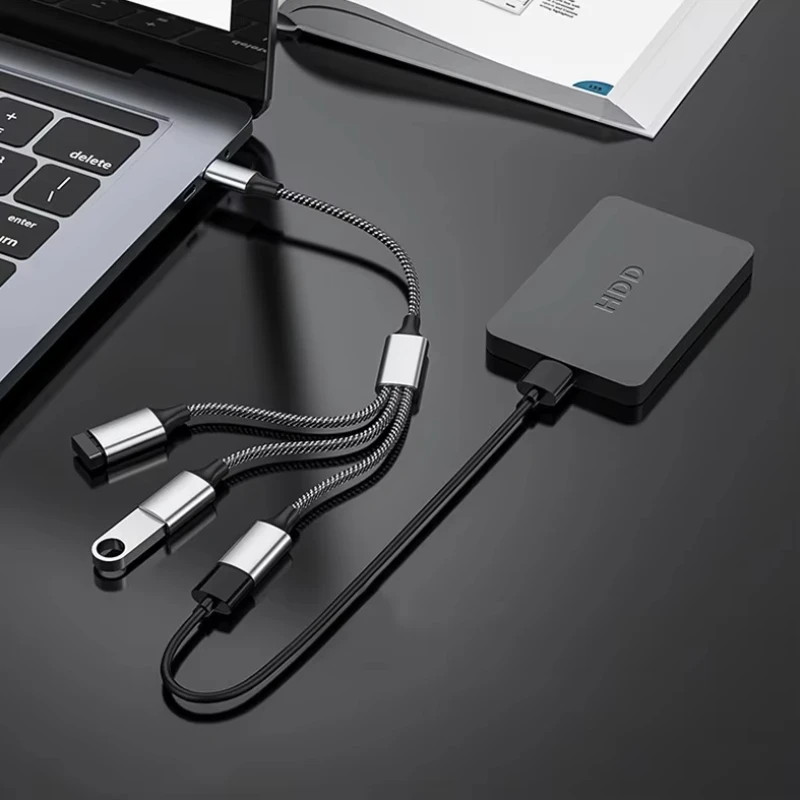 4-Port Braided USB 2.0 Splitter Cable - 0.25M Charging & Data Sync Extension
