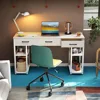 Small Computer Desk: Home Table with Fabric Drawers & Storage Shelves, Modern Writing Desk, White, 48"x16", Computers Desks 1