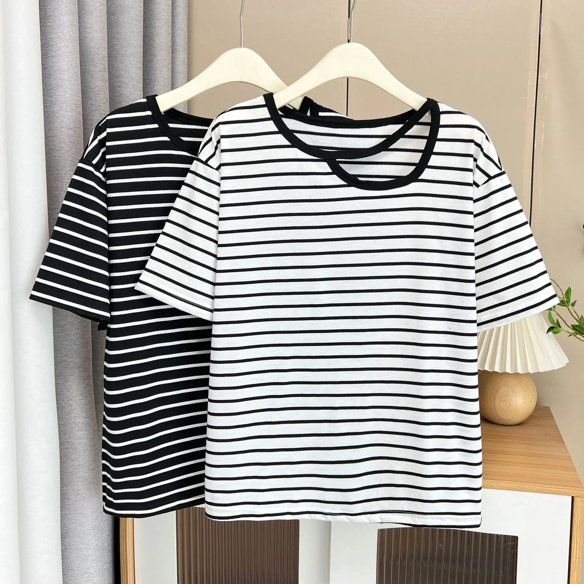 Summer Top New 100kg Retro Casual Hollow Striped Short Sleeve Tees Plus Size Women's Classic T-Shirt 312