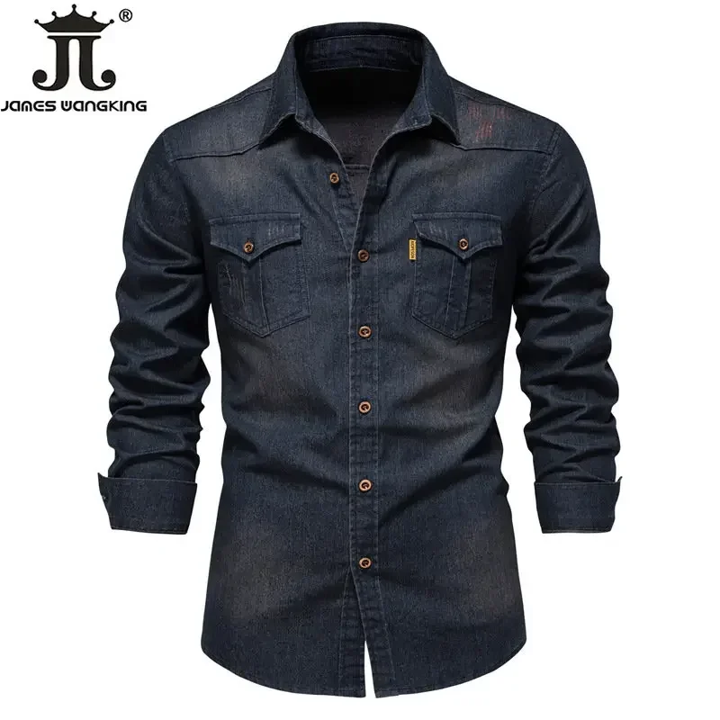 

US Size S-5XL Cotton 2023 Men's Long-sleeved Washed Denim Shirt Casual All-match Button Solid Color outdoor Shirt Male