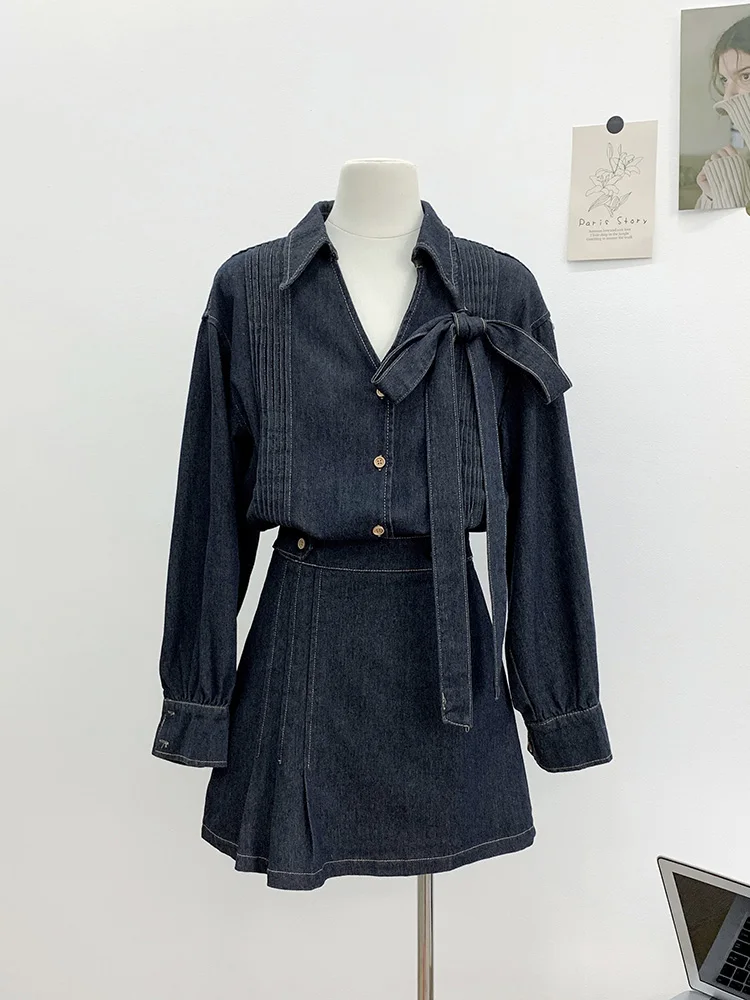 korean-retro-suit-women's-denim-long-sleeved-coat-top-pleated-short-skirt-casual-two-piece-set-female-clothes