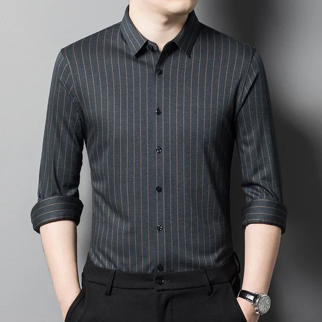 Seamless Wool Spring Autumn Men's Dress Shirts Luxury Striped Long Sleeve Business Casual Single Breasted Male Shirts 4XL