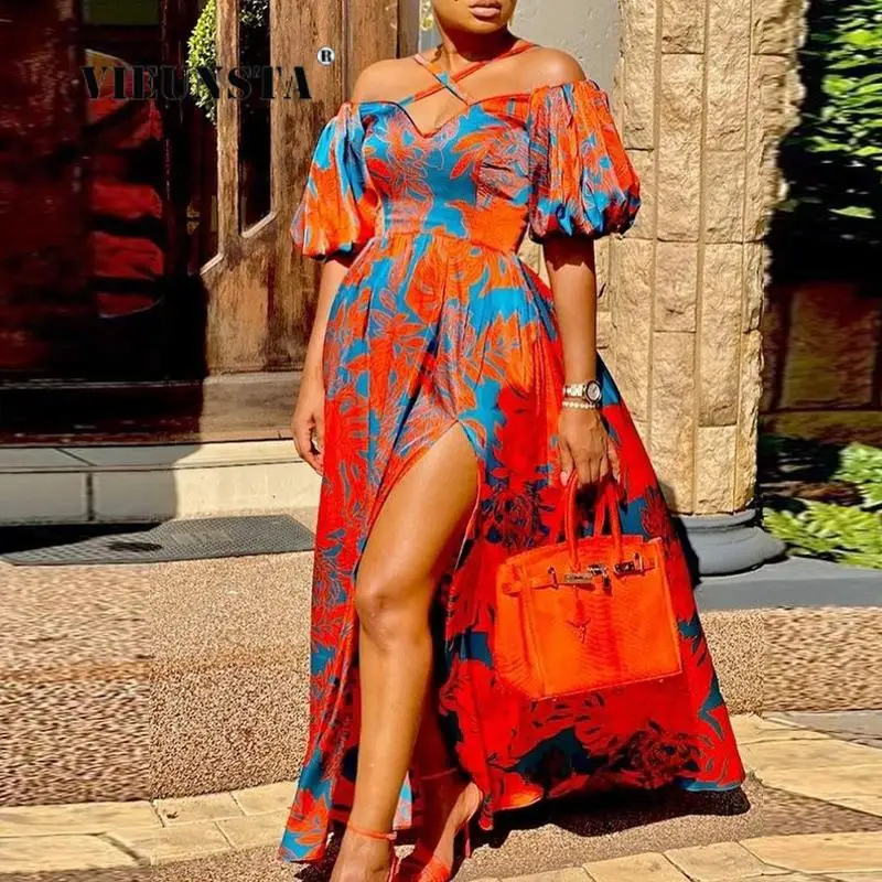 

Summer Print Tie-Up Off Shoulder Maxi Beach Dress Fashion Chic Lantern Sleeve Long Party Dress Women Sexy Slit Floral Boho Dress