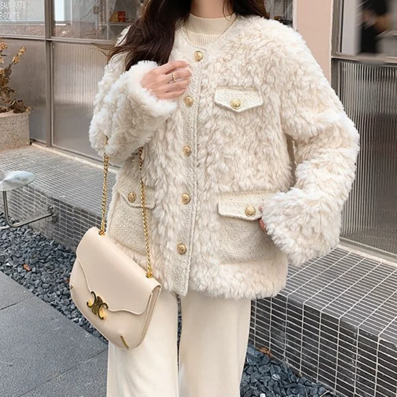 simple-basic-small-fragrance-fake-fur-coat-female-korean-imitation-lamb-plush-stitching-tweed-elegant-casual-white-women-coat