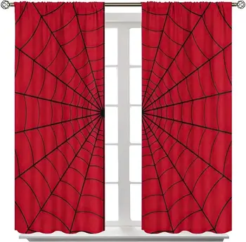 Spider Web Hero Curtains for Kids Room, Red Superhero Drapes with Rod Pocket, Boys Girls Bedroom & Playroom Window Panels