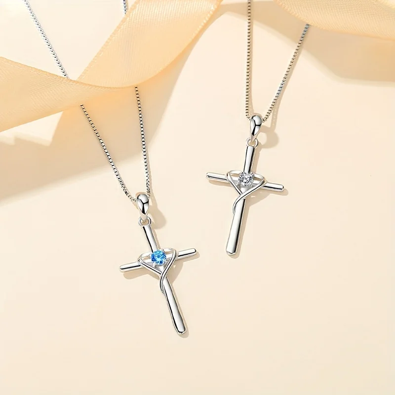 Collier Croix Argent 925 Avec Zircon Cœur - Bijou élégant Pour Femme Avec Chaîne Ajustable