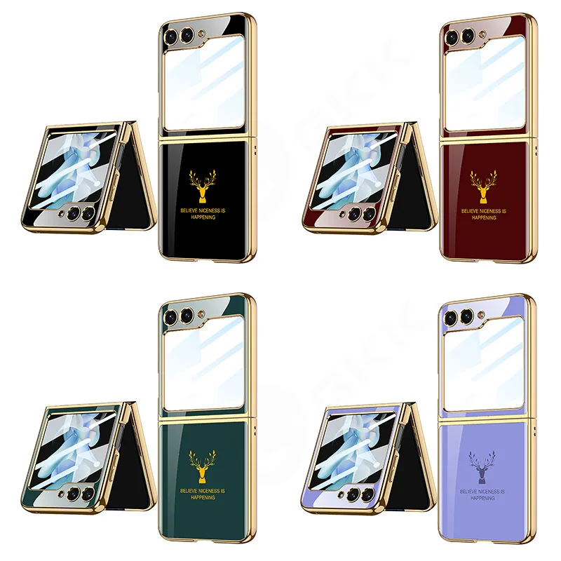 

For Samsung Galaxy Z Flip 5 5G Flip5 Painted Tempered Glass Case Electroplated Hard Frame Back Screen Glass Protective Cover