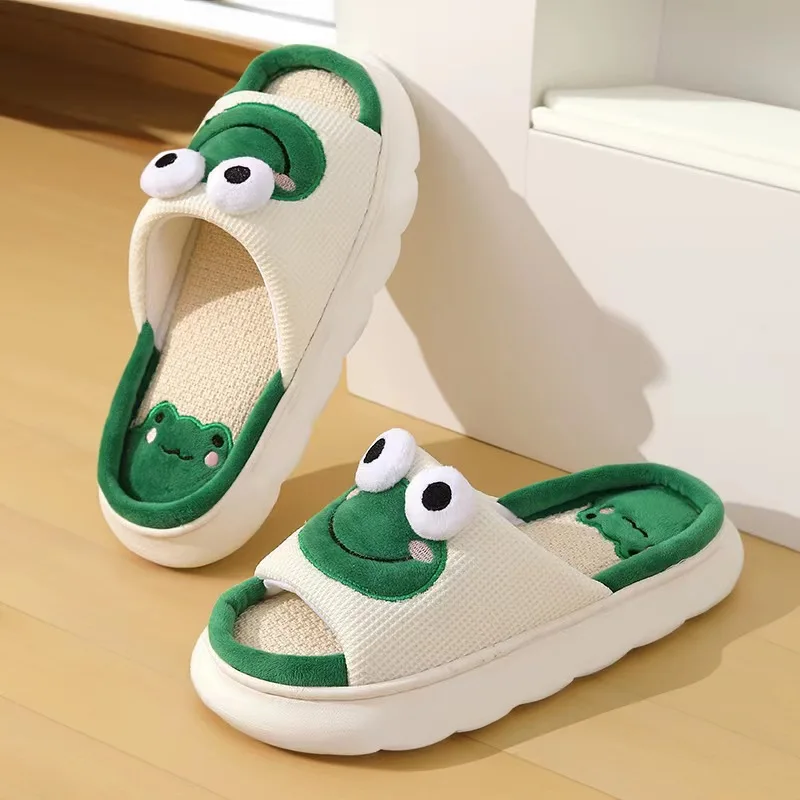 Donne Cartoon Frog pantofole inverno caldo Indoor Home Slides lino suola spessa coppia pantofola camera da letto scarpe antiscivolo sandali