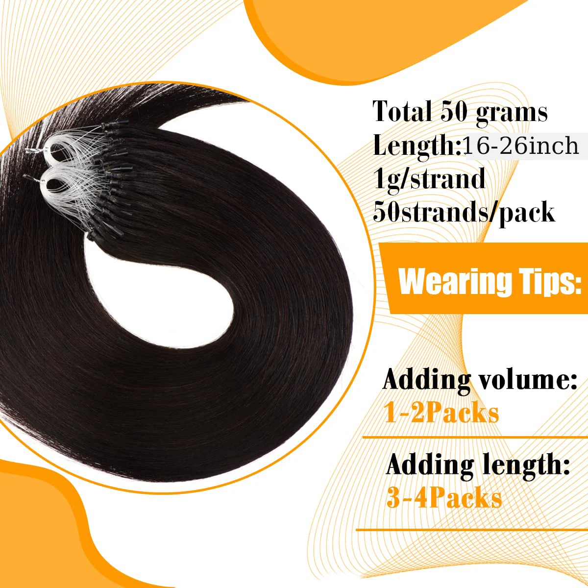 Micro Loop Hair Extensions 16-26 Inch Micro Bead Remy Hair Extension 1g/Strand 50g Color #1B Natural Black Straight For Salon
