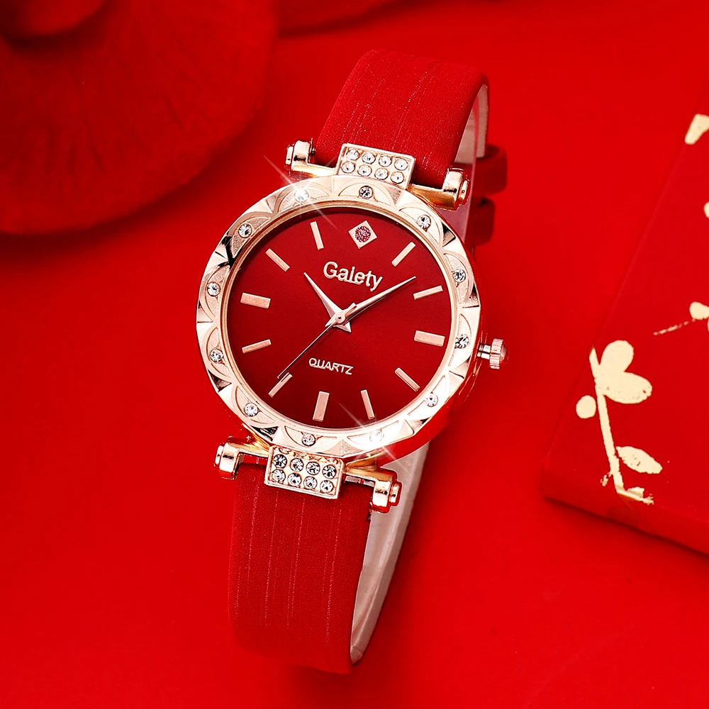 5 Women's Quartz Watches With Red Leather Straps, Heart-shaped Necklaces, Earrings, And Rings. Gifts For Eid Al Fitr 4