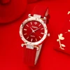 5 Women's Quartz Watches With Red Leather Straps, Heart-shaped Necklaces, Earrings, And Rings. Gifts For Eid Al Fitr 4